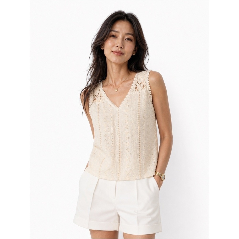 Joie Crochet Lace Sleeveless Cotton Top Ivory Coastal Small